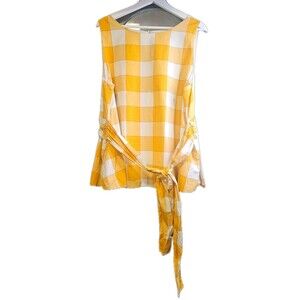 Ann Taylor Summer Yellow White Plaid Sleeveless Tie Tunic Blouse XL